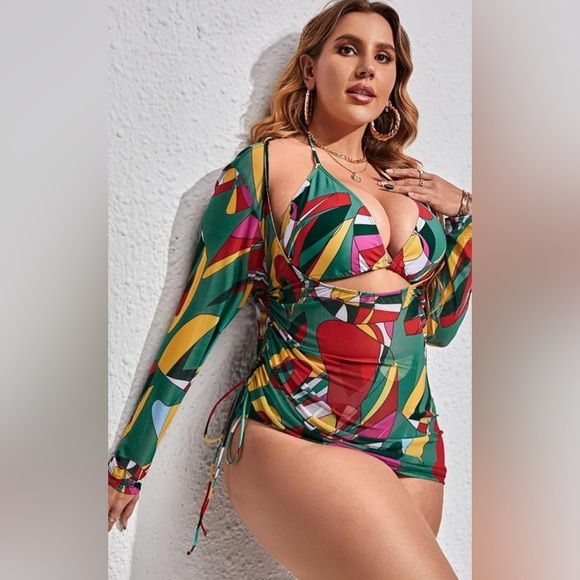 MakeMeChic 3 Piece Swimsuit Printed Halter High Waisted Bikini Set w/Cover Up - Picture 3 of 4